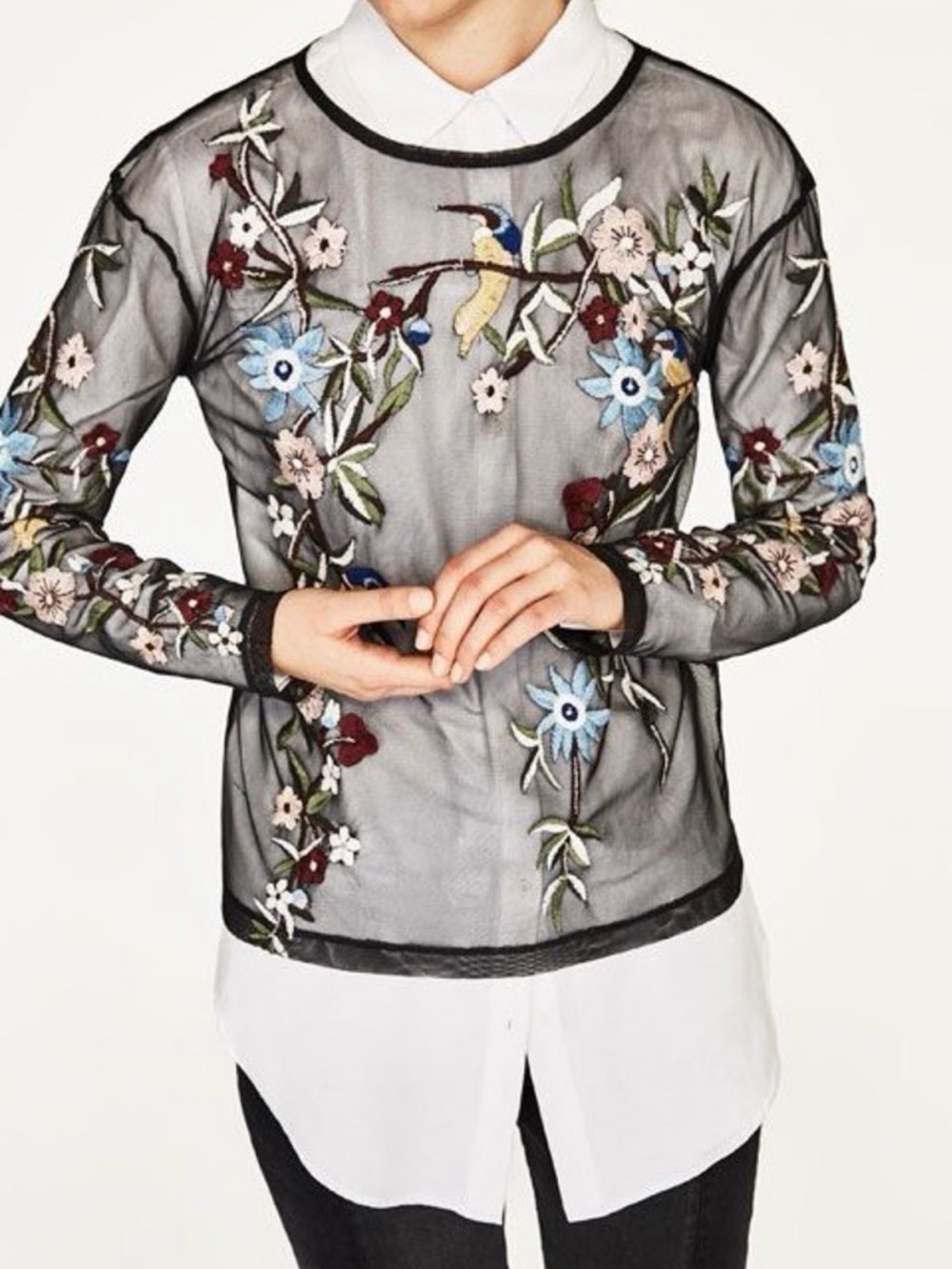 Zara Black Sheer Mesh Multicolored Embroidered Pullover Long Sleeve Shirt Size S